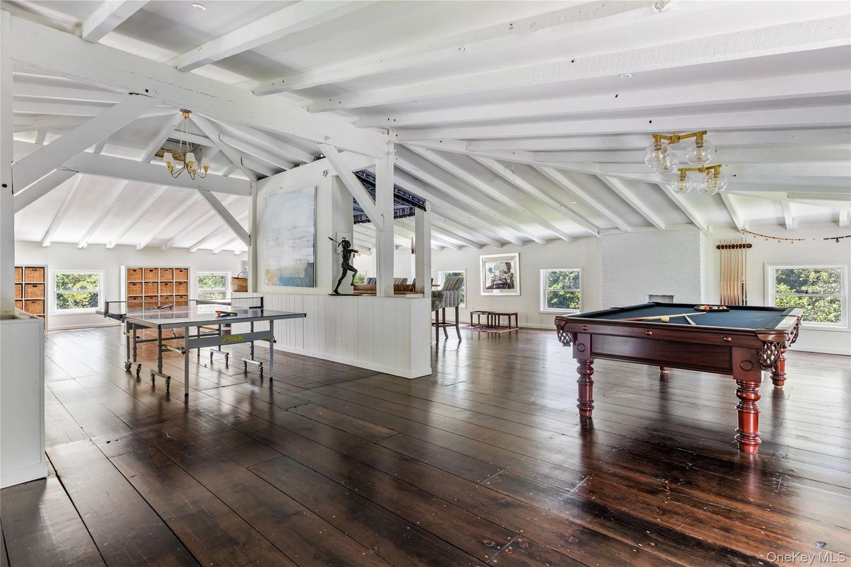 Billiard Table, Chandelier, Game Room, Interior, Wood Texture Flooring