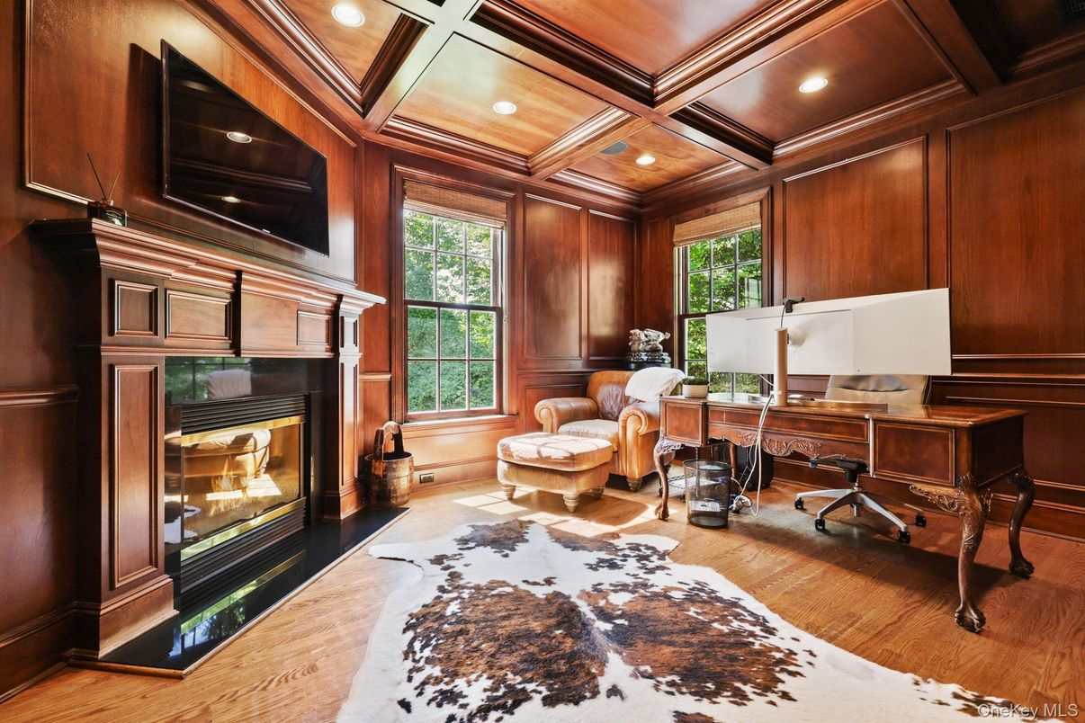 Fireplace, Home Office, Interior, Recessed Lighting, Wooden Beams, Wooden Ceilings, Wood Texture Flooring, Wooden Walls