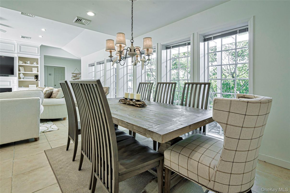 Chandelier, Dining room, Fireplace, Interior, Living room, Recessed Lighting