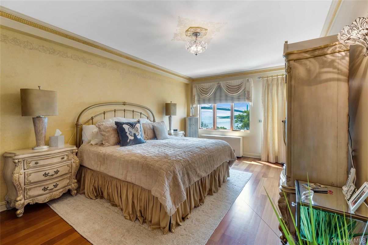Bedroom, Chandelier, Interior, Wood Texture Flooring