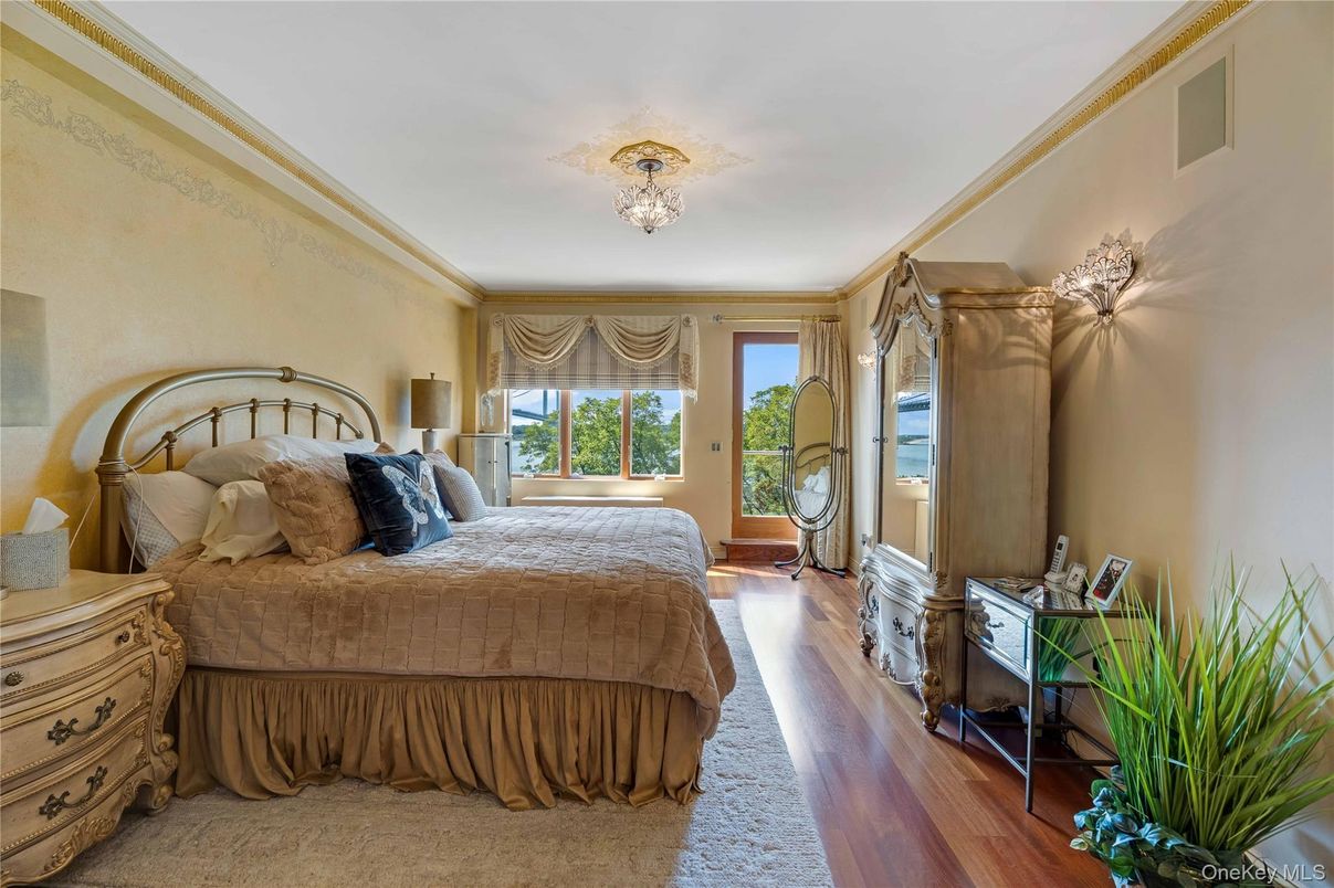 Bedroom, Chandelier, Interior, Wood Texture Flooring