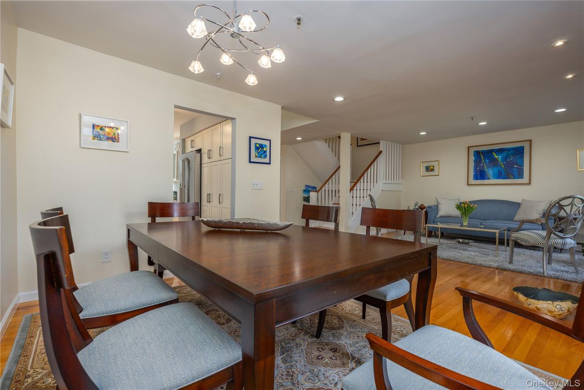 Dining room, Interior, Living room, Pendant Lights, Recessed Lighting, Wood Texture Flooring