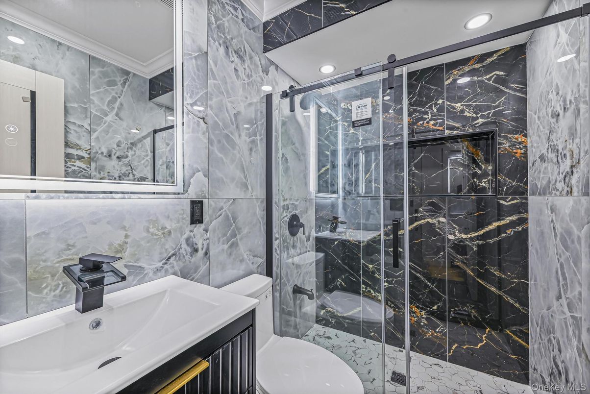 Bathroom, Glass Shower, Interior, Marble Walls, Recessed Lighting