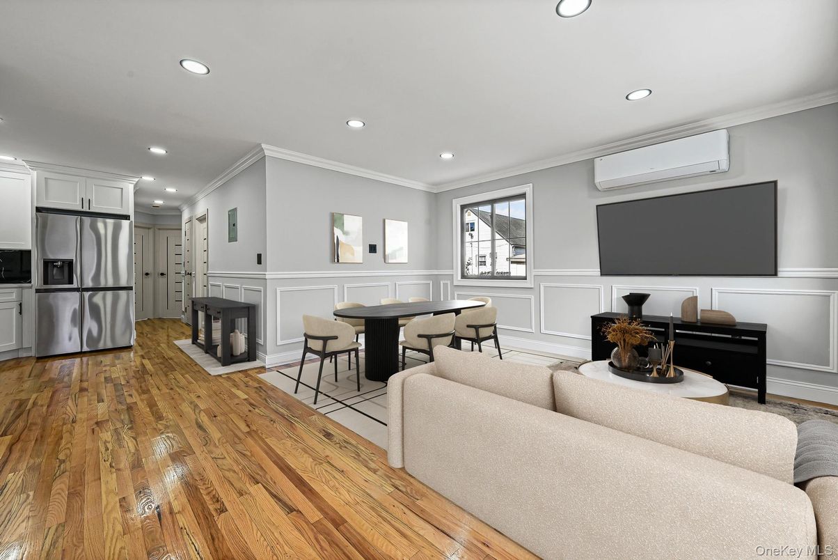Dining room, Interior, Kitchen, Living room, Recessed Lighting, Stainless Steel Appliances, Wood Texture Flooring