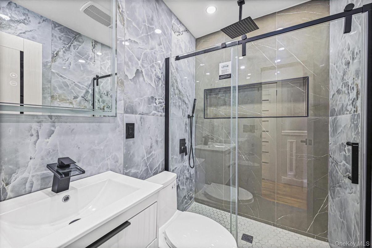 Bathroom, Glass Shower, Interior, Marble Walls, Recessed Lighting