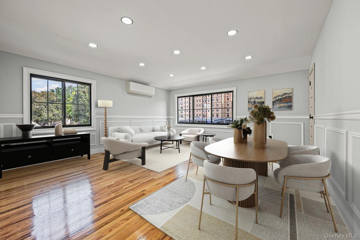 Dining room, Interior, Living room, Recessed Lighting, Wood Texture Flooring