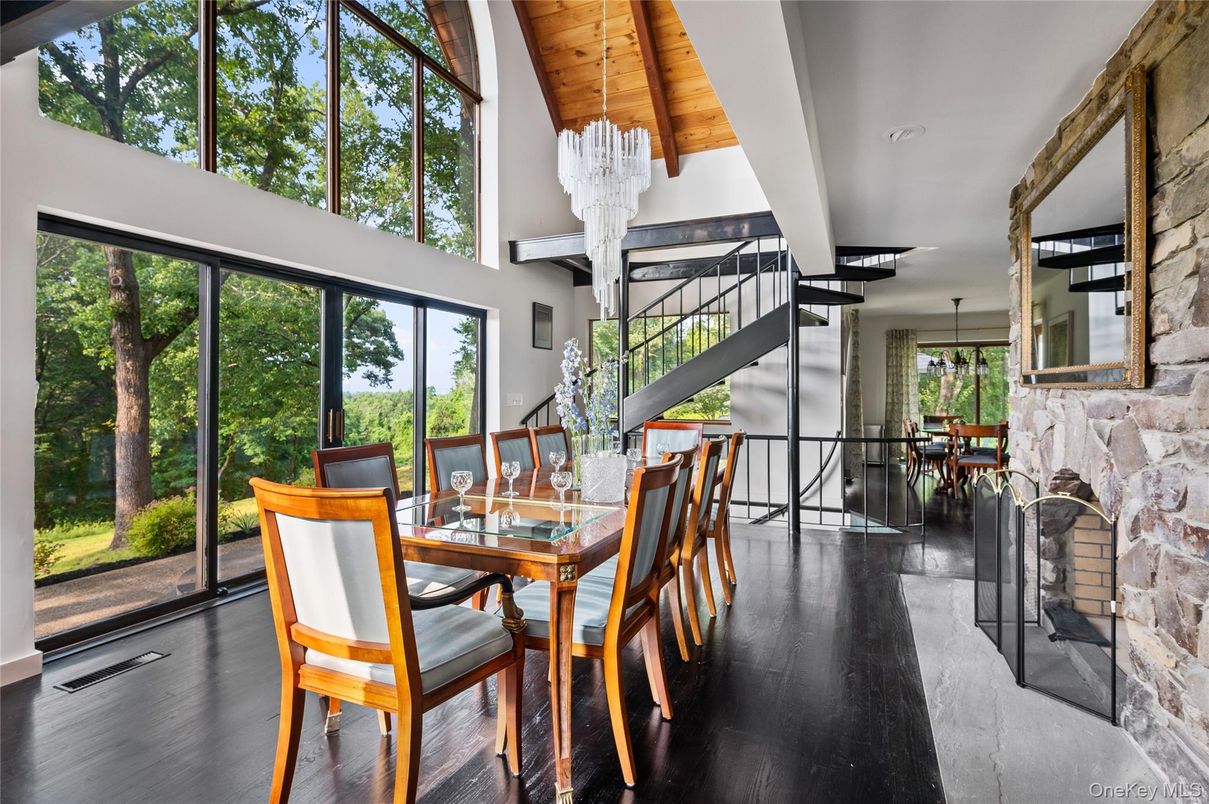 Chandelier, Dining room, Fireplace, Interior, Wooden Beams, Wooden Ceilings, Wood Texture Flooring
