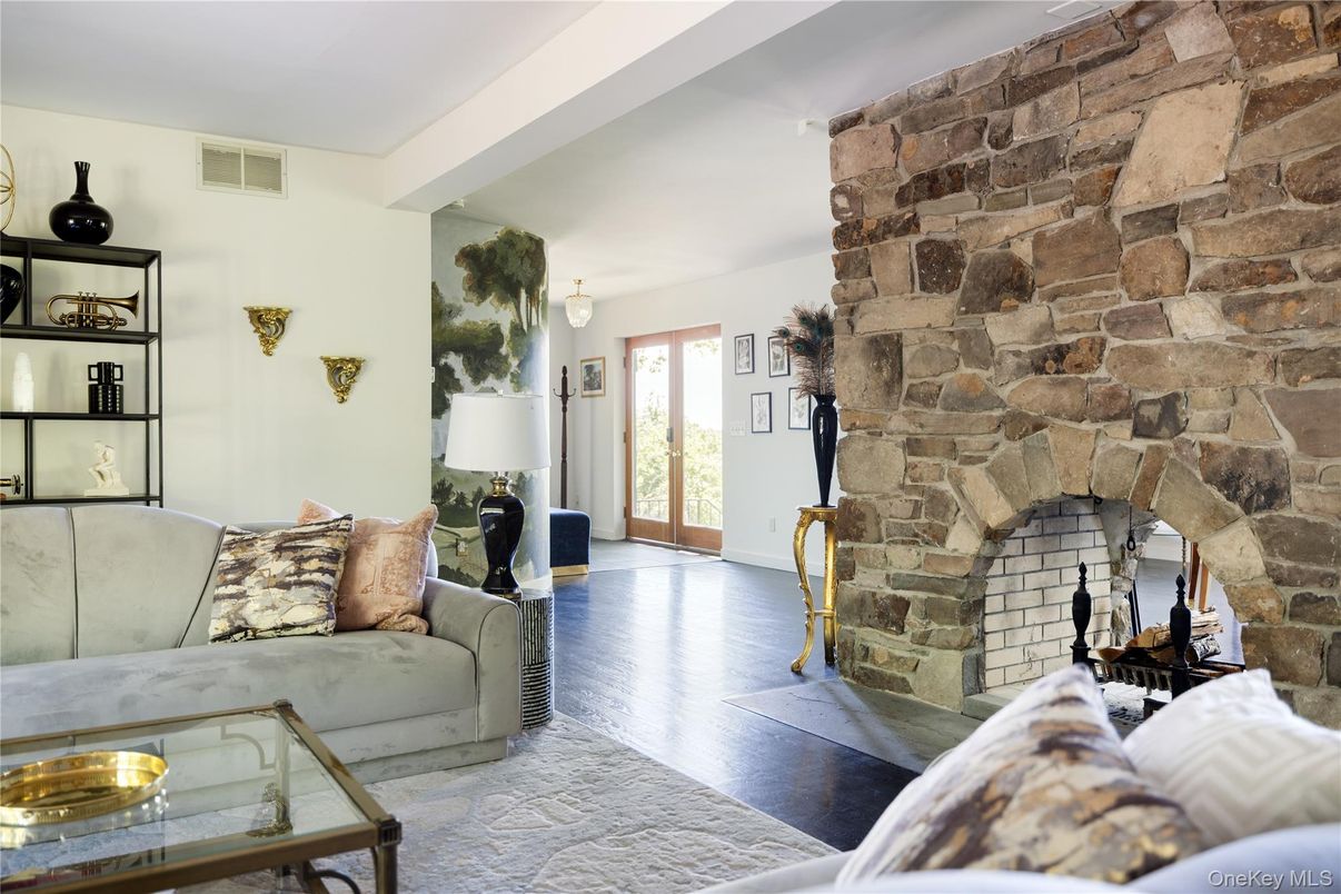 Fireplace, Interior, Living room, Stone Walls, Wood Texture Flooring