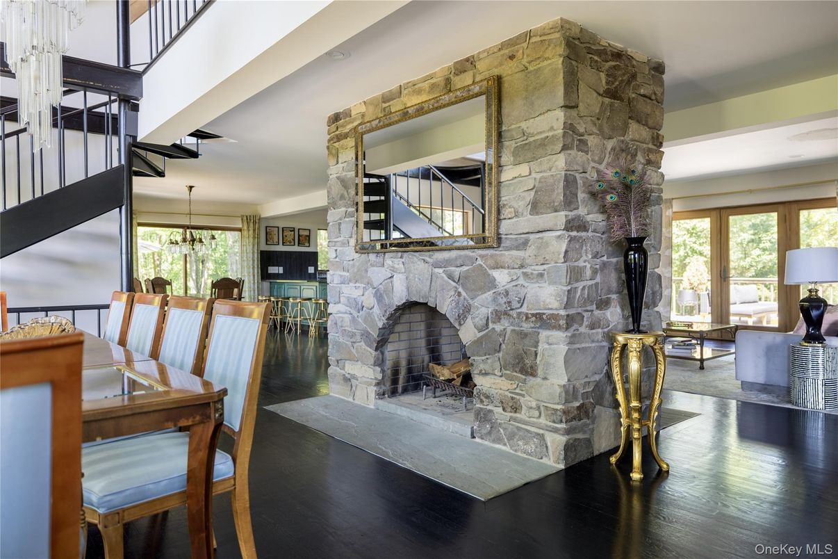 Dining room, Fireplace, Interior, Stone Walls, Wood Texture Flooring