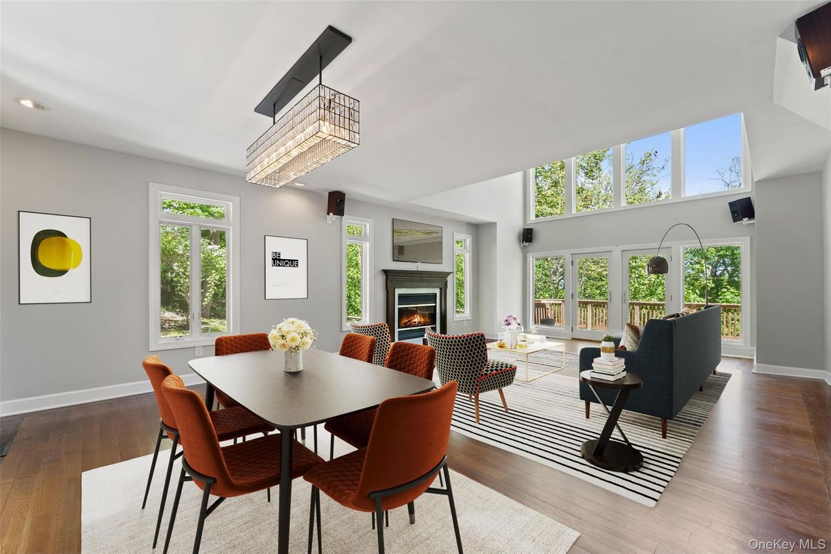 Chandelier, Dining room, Fireplace, Interior, Living room, Recessed Lighting, Wood Texture Flooring