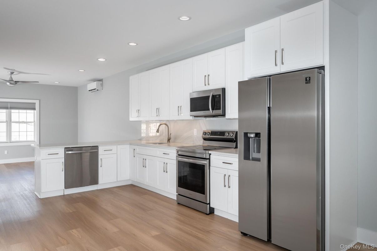 Interior, Kitchen, Recessed Lighting, Stainless Steel Appliances, Wood Texture Flooring