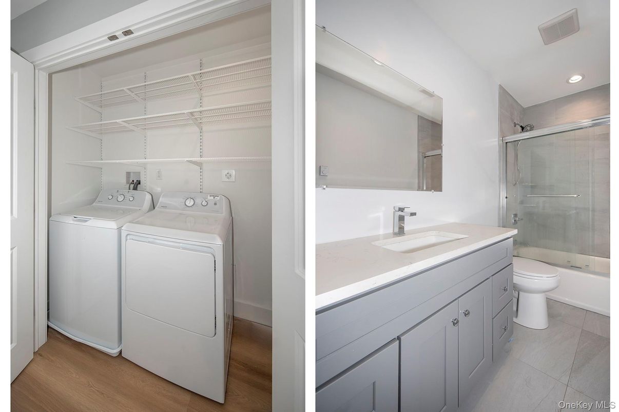 Bathroom, Glass Shower, Interior, Recessed Lighting, Utility Closets, Washer, Wood Texture Flooring