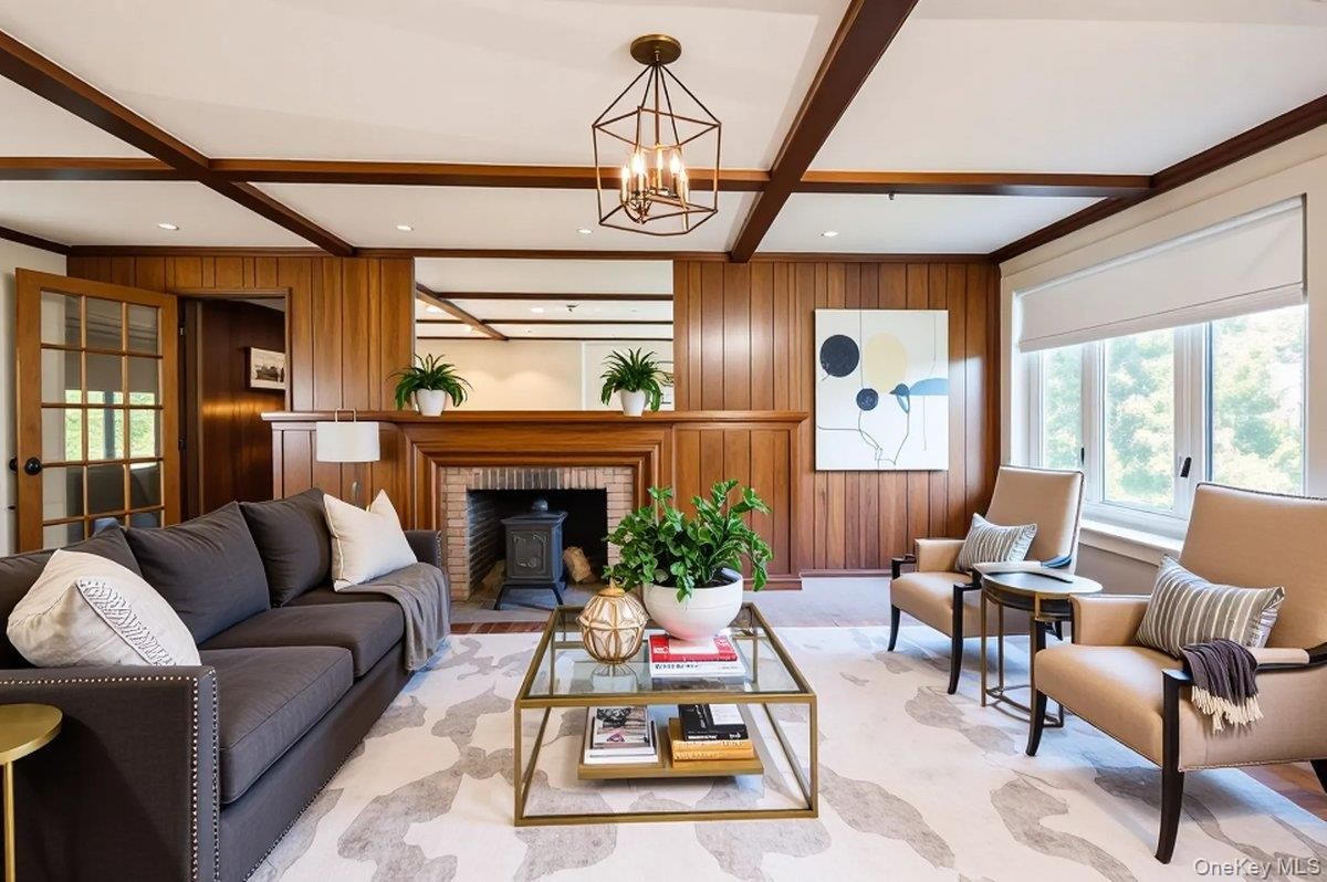 Fireplace, Interior, Living room, Recessed Lighting, Wooden Beams, Wooden Walls