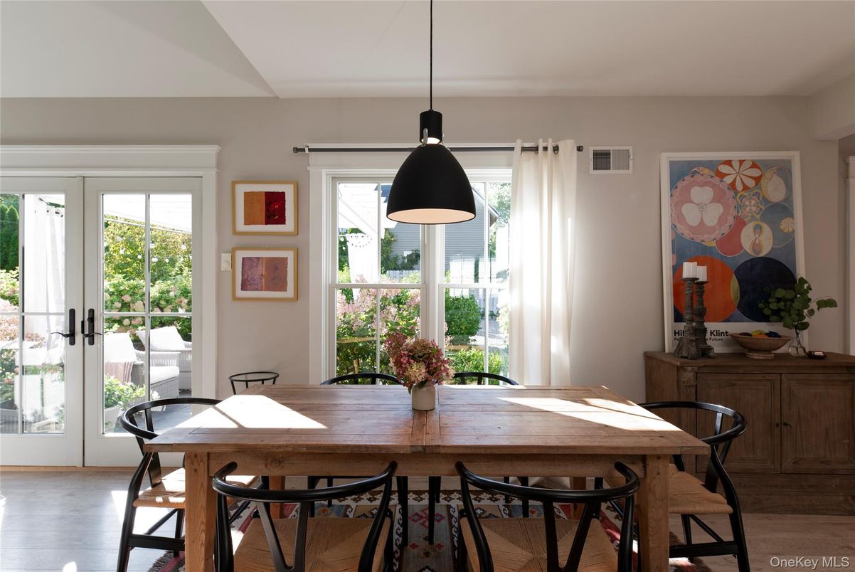 Dining room, Interior, Pendant Lights, Wood Texture Flooring