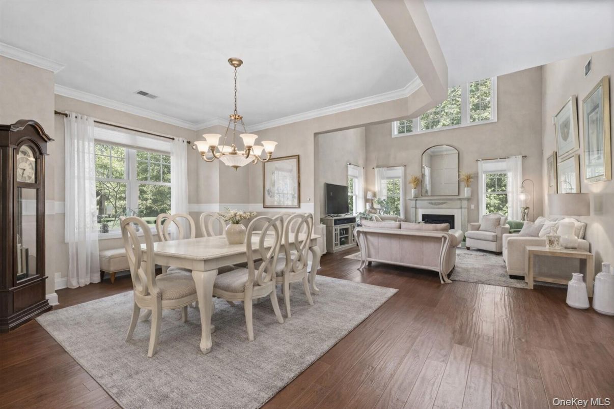 Chandelier, Dining room, Fireplace, Interior, Living room, Wood Texture Flooring