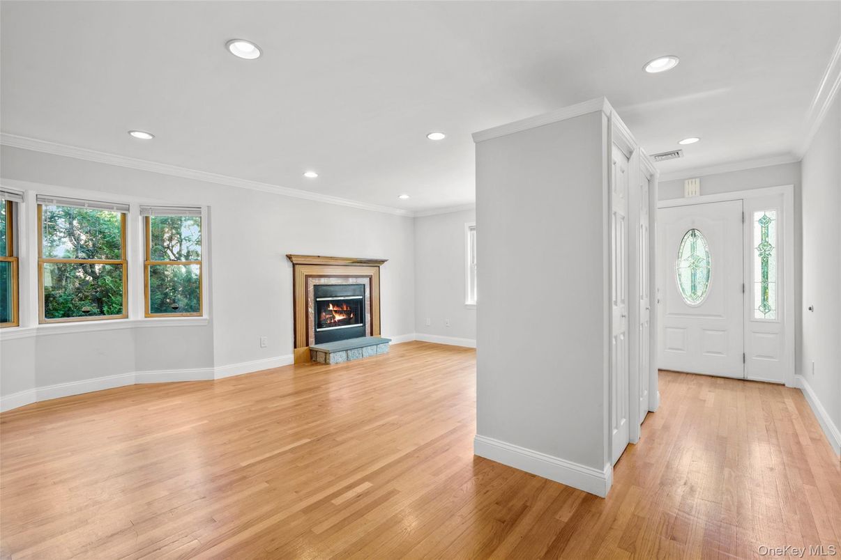 Empty room, Fireplace, Interior, Recessed Lighting, Wood Texture Flooring