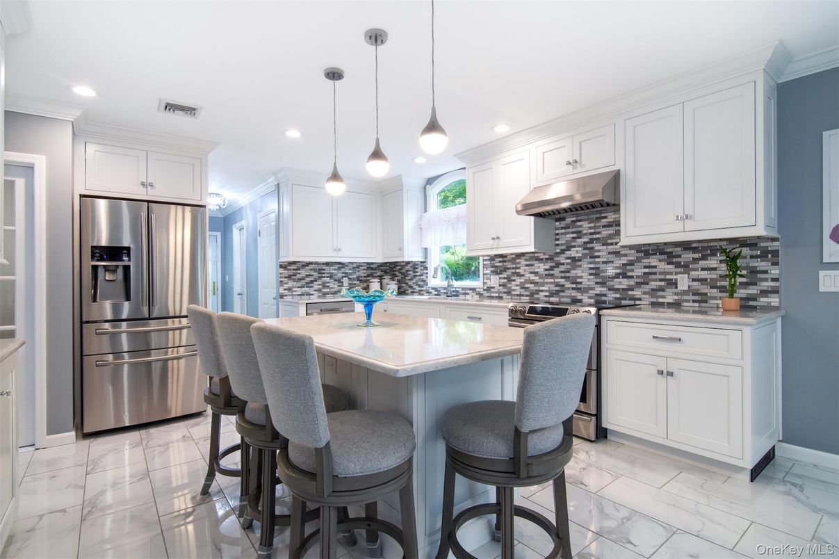 Interior, Kitchen, Marble, Pendant Lights, Recessed Lighting, Stainless Steel Appliances
