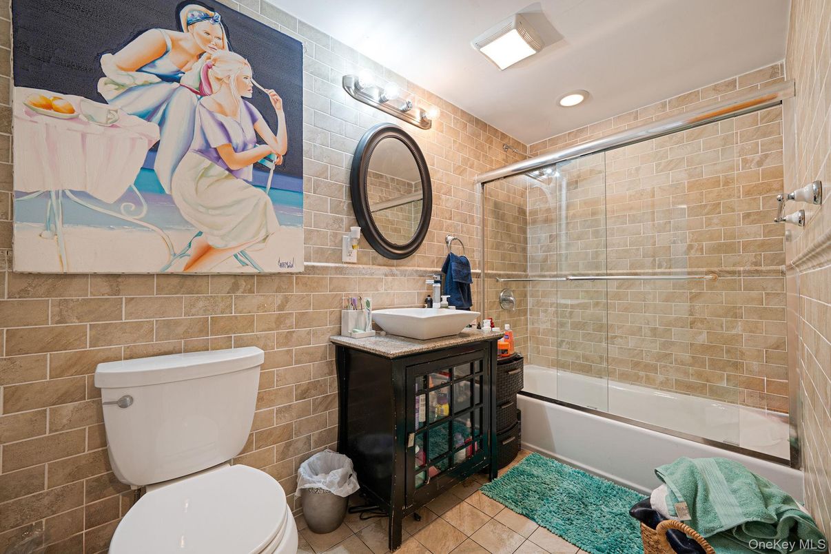 Bathroom, Glass Shower, Interior, Recessed Lighting, Stone Walls