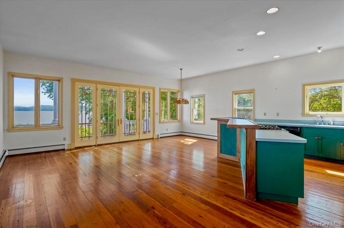 Empty room, Interior, Kitchen, Pendant Lights, Recessed Lighting, Wood Texture Flooring
