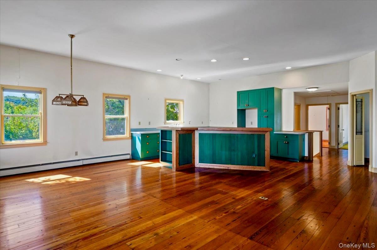 Empty room, Interior, Kitchen, Pendant Lights, Recessed Lighting, Wood Texture Flooring