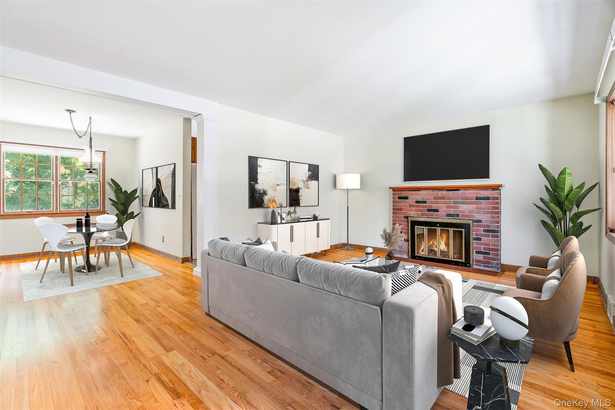 Dining room, Fireplace, Interior, Living room, Pendant Lights, Wood Texture Flooring