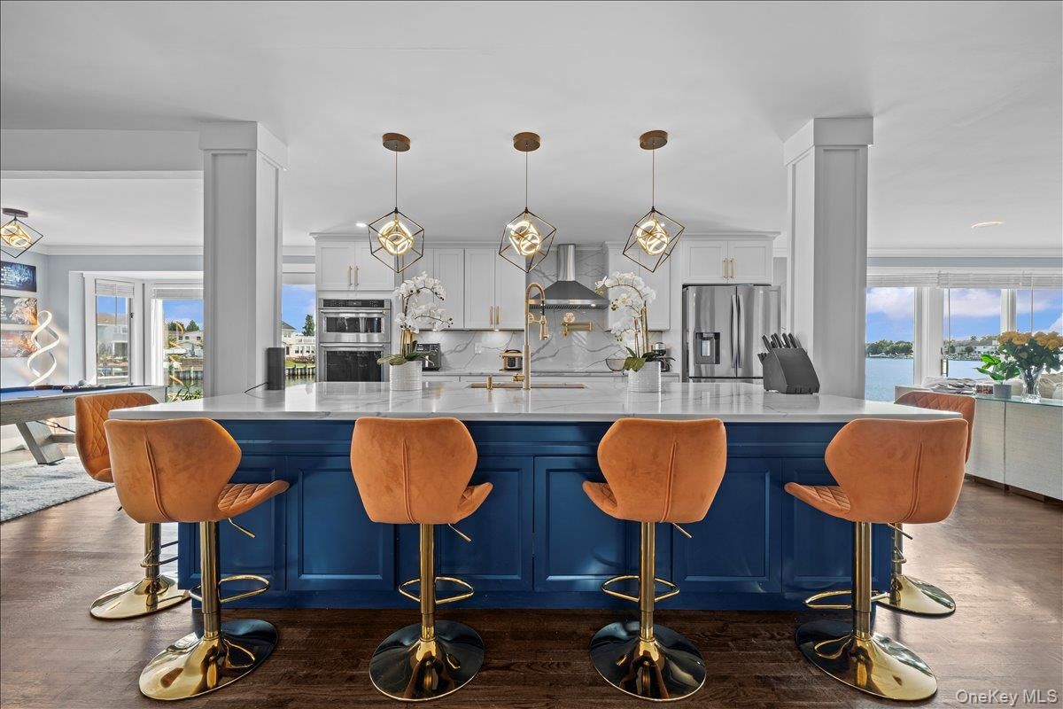 Interior, Kitchen, Pendant Lights, Stainless Steel Appliances, Water, Wood Texture Flooring