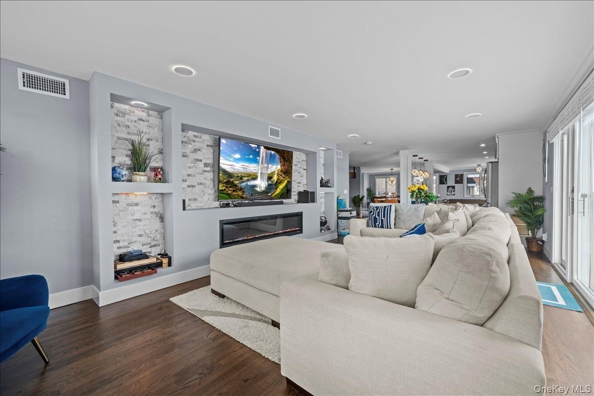 Fireplace, Interior, Living room, Recessed Lighting, Wood Texture Flooring