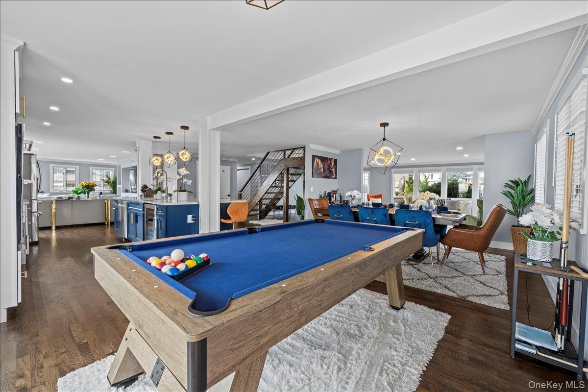 Billiard Table, Dining room, Game Room, Interior, Kitchen, Living room, Pendant Lights, Recessed Lighting, Wood Texture Flooring