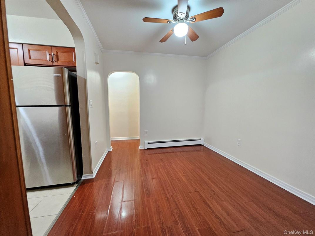 Empty room, Interior, Kitchen, Stainless Steel Appliances, Wood Texture Flooring