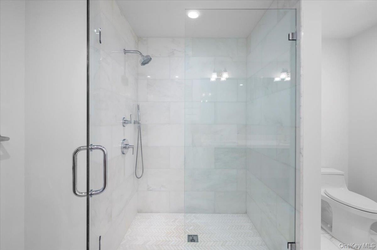 Bathroom, Glass Shower, Interior, Marble Walls, Recessed Lighting