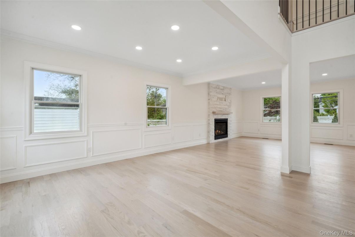 Empty room, Fireplace, Interior, Recessed Lighting, Wood Texture Flooring