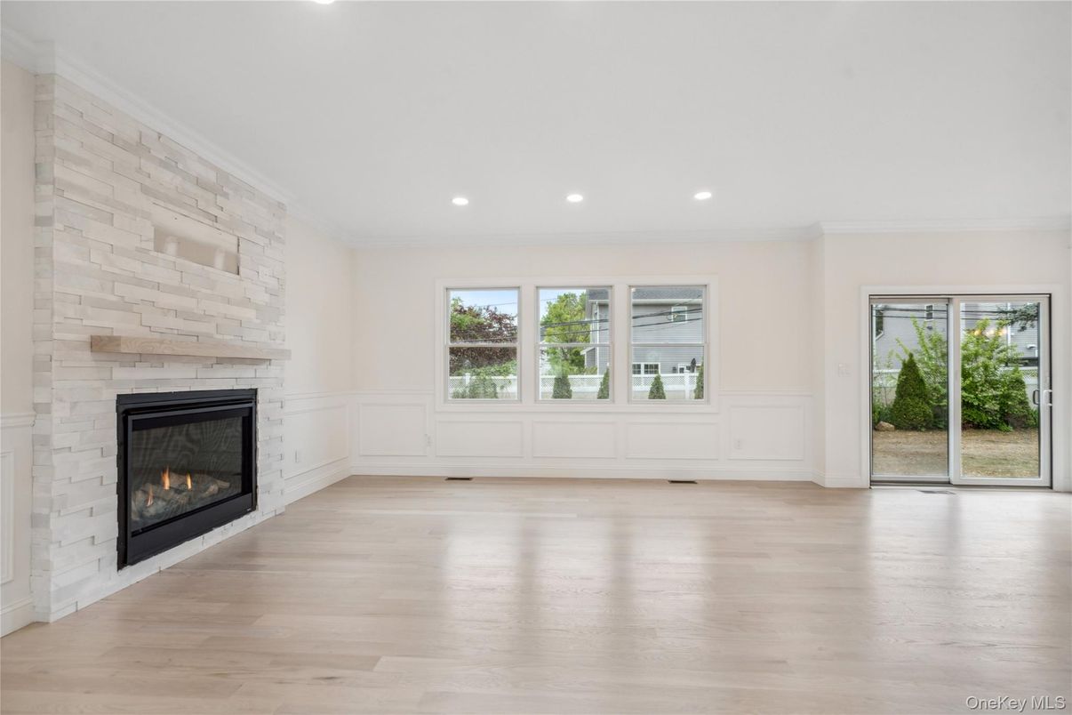 Empty room, Fireplace, Interior, Recessed Lighting, Wood Texture Flooring