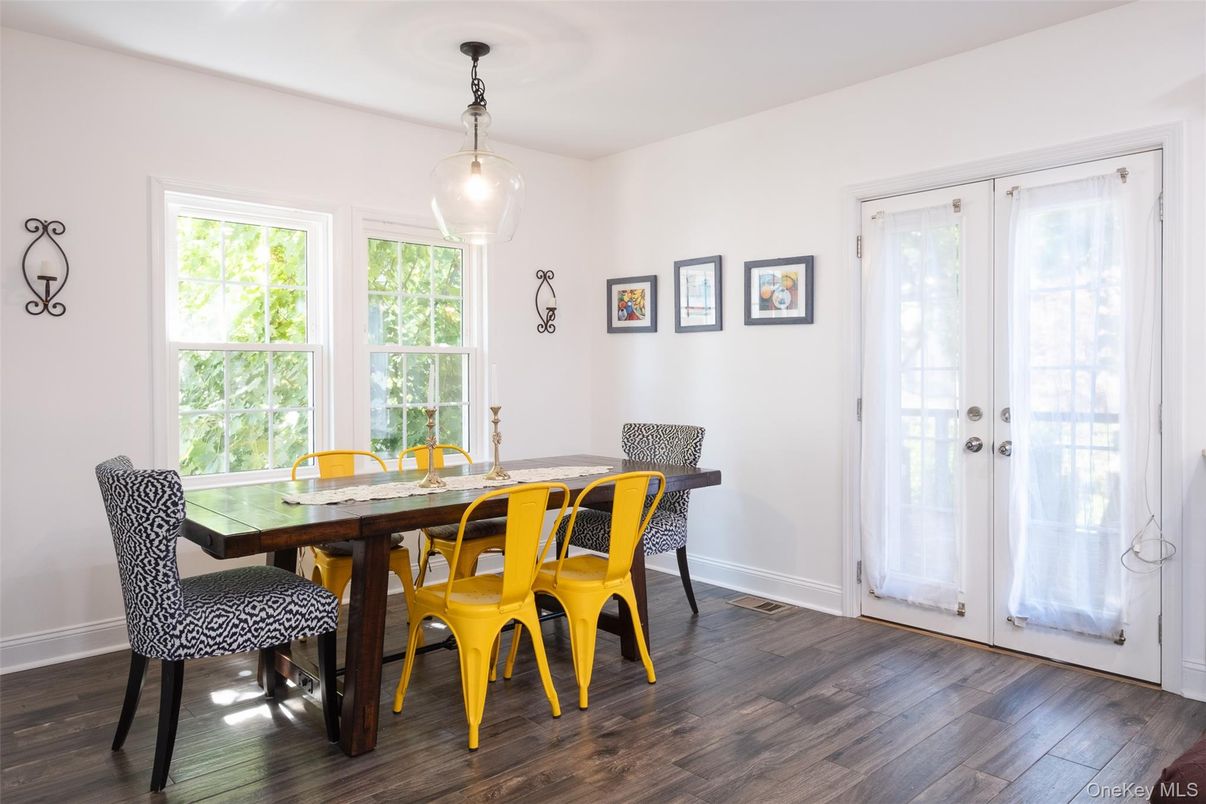 Dining room, Interior, Pendant Lights, Wood Texture Flooring