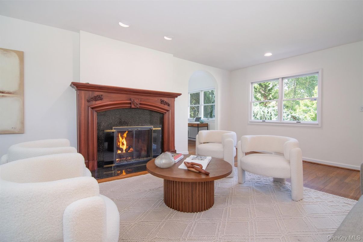 Fireplace, Interior, Living room, Recessed Lighting, Wood Texture Flooring