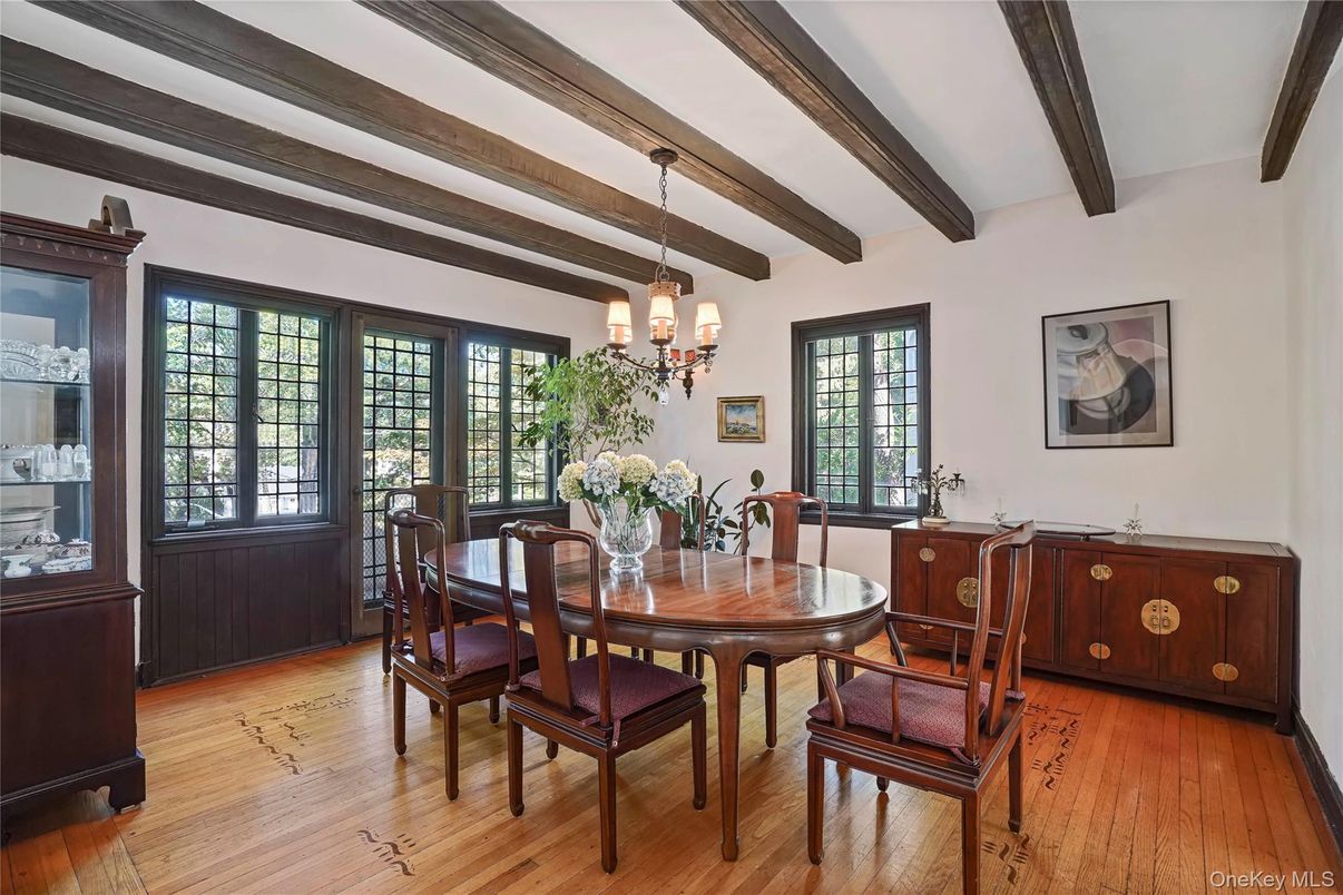 Chandelier, Dining room, Interior, Wooden Beams, Wood Texture Flooring