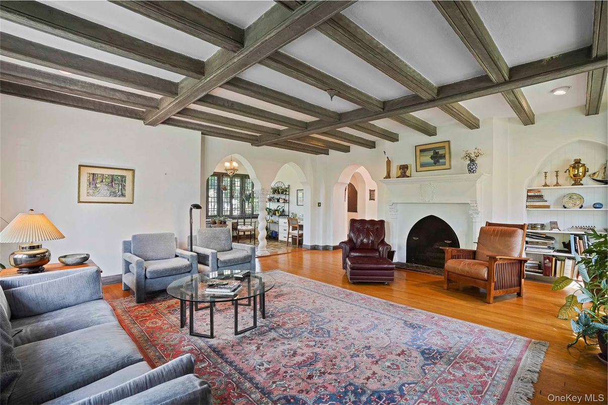 Fireplace, Interior, Living room, Recessed Lighting, Wooden Beams, Wood Texture Flooring