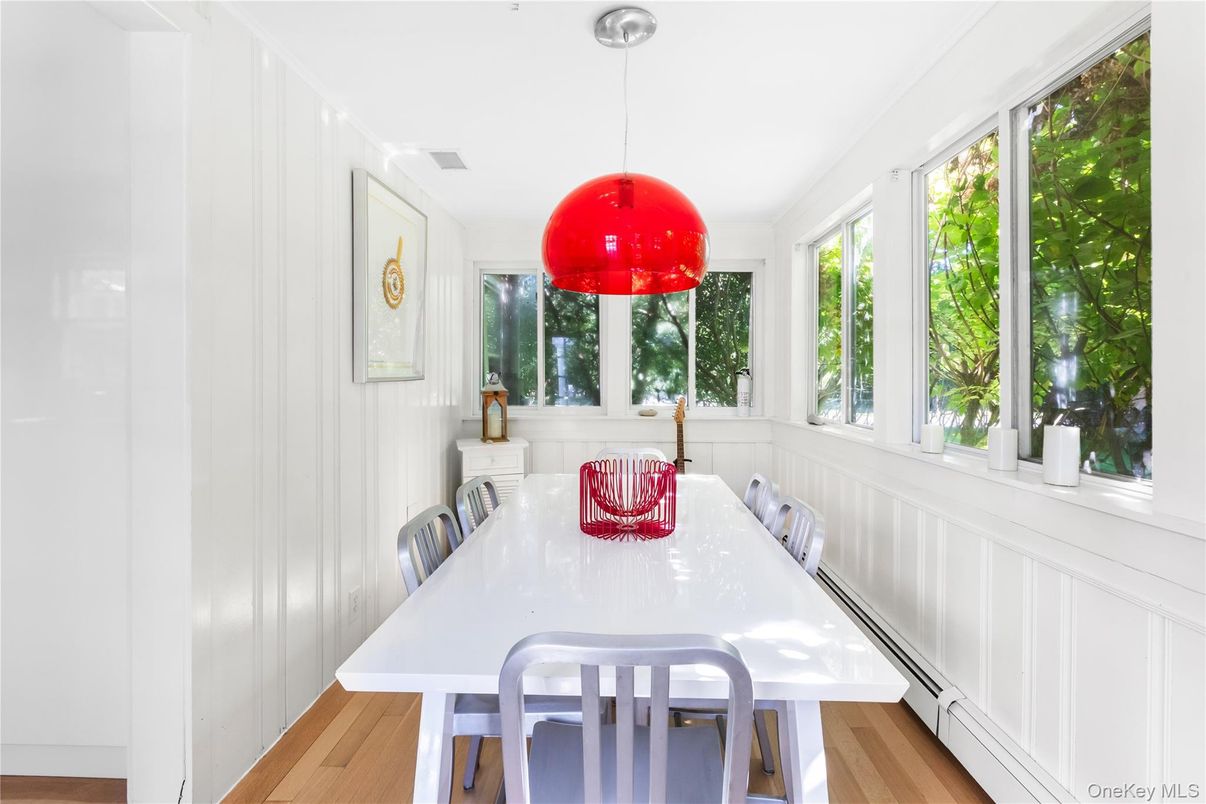Dining room, Interior, Pendant Lights, Wood Texture Flooring