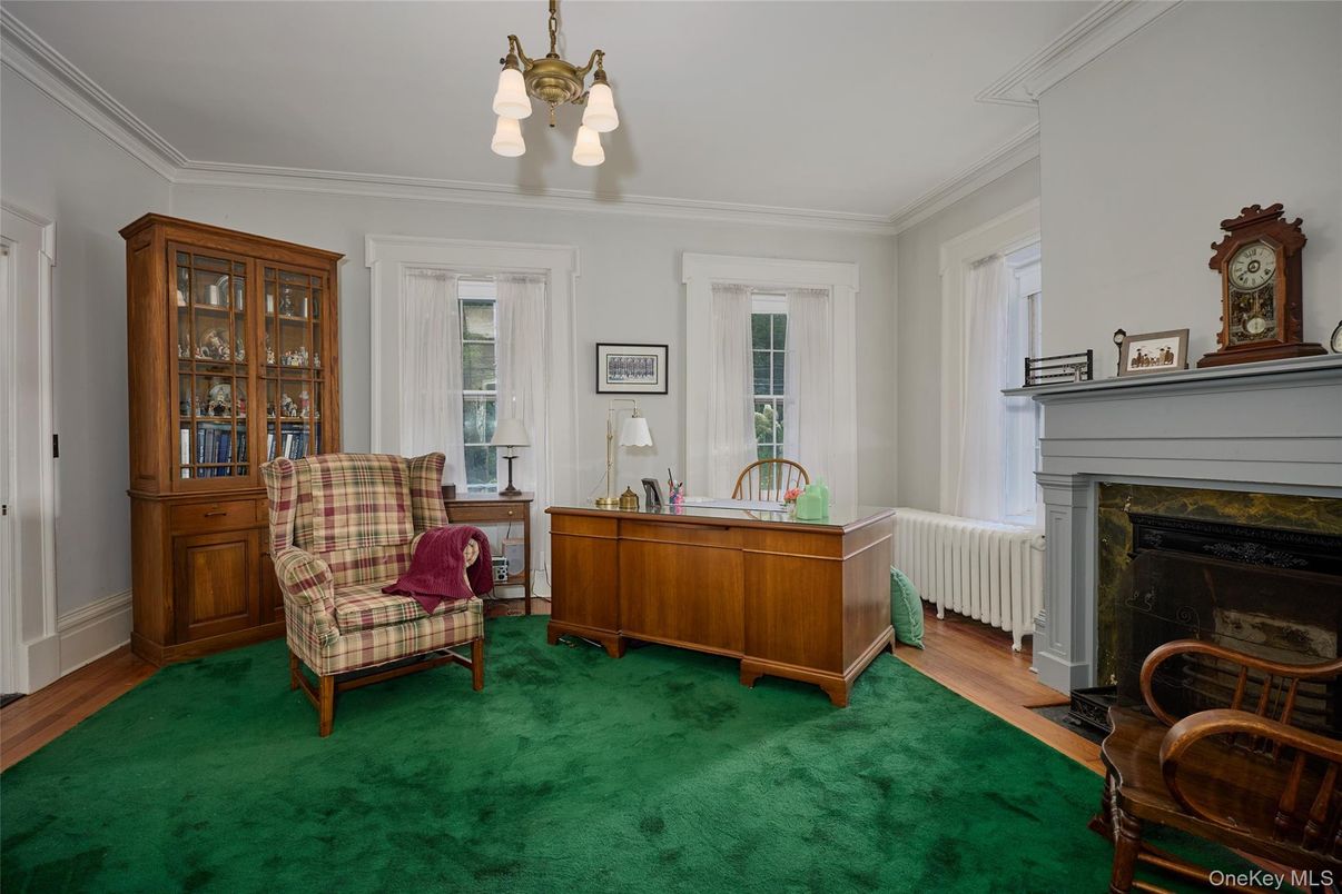 Chandelier, Fireplace, Home Office, Interior, Wood Texture Flooring