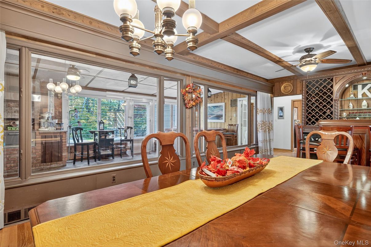 Chandelier, Dining room, Interior, Wooden Beams, Wood Texture Flooring