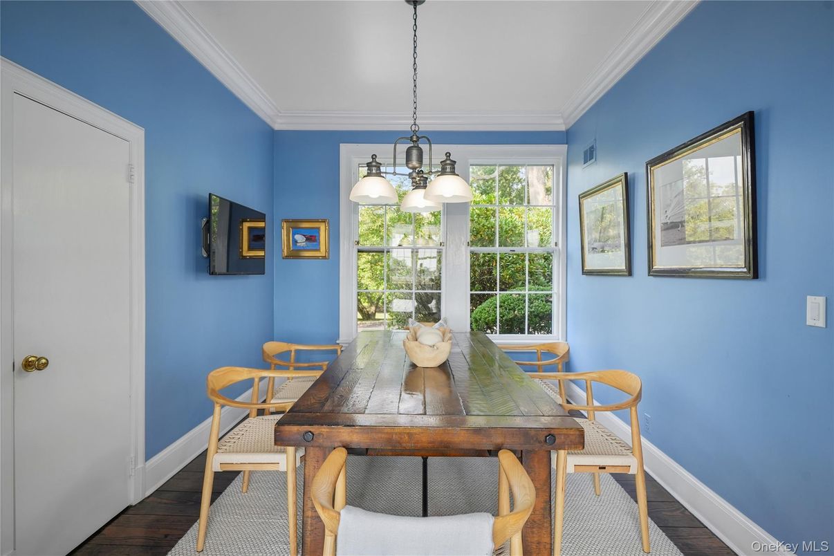Dining room, Interior, Pendant Lights, Wood Texture Flooring