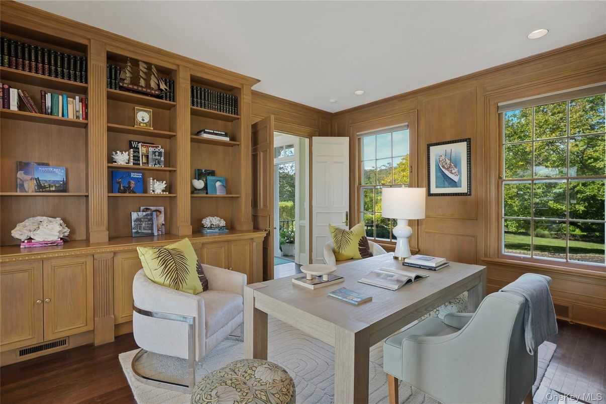 Home Office, Interior, Recessed Lighting, Wood Texture Flooring, Wooden Walls