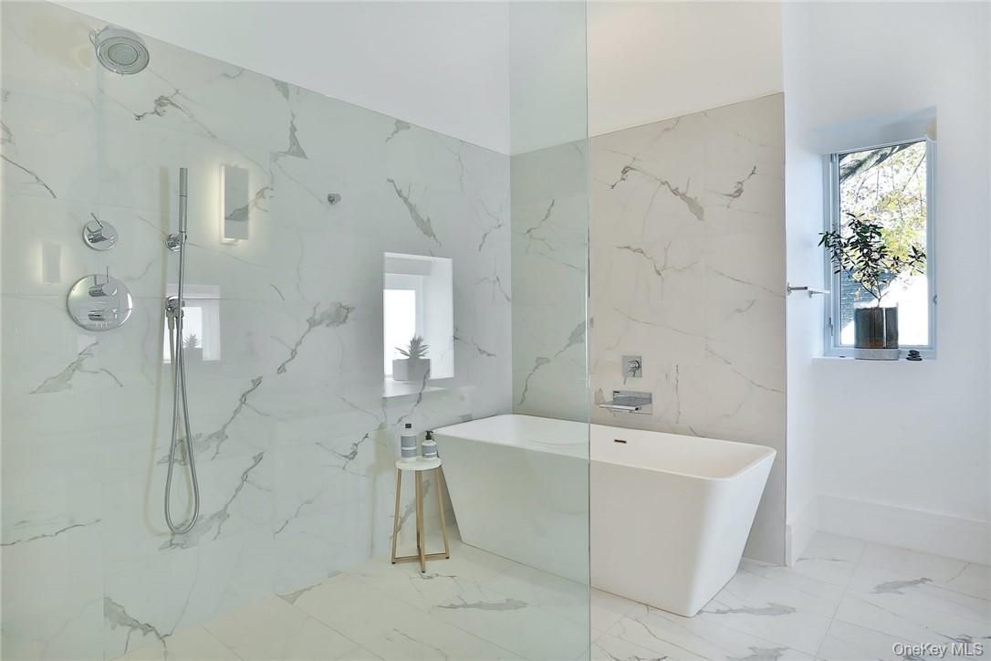 Bathroom, Free Standing Baths, Glass Shower, Interior, Marble, Marble Walls