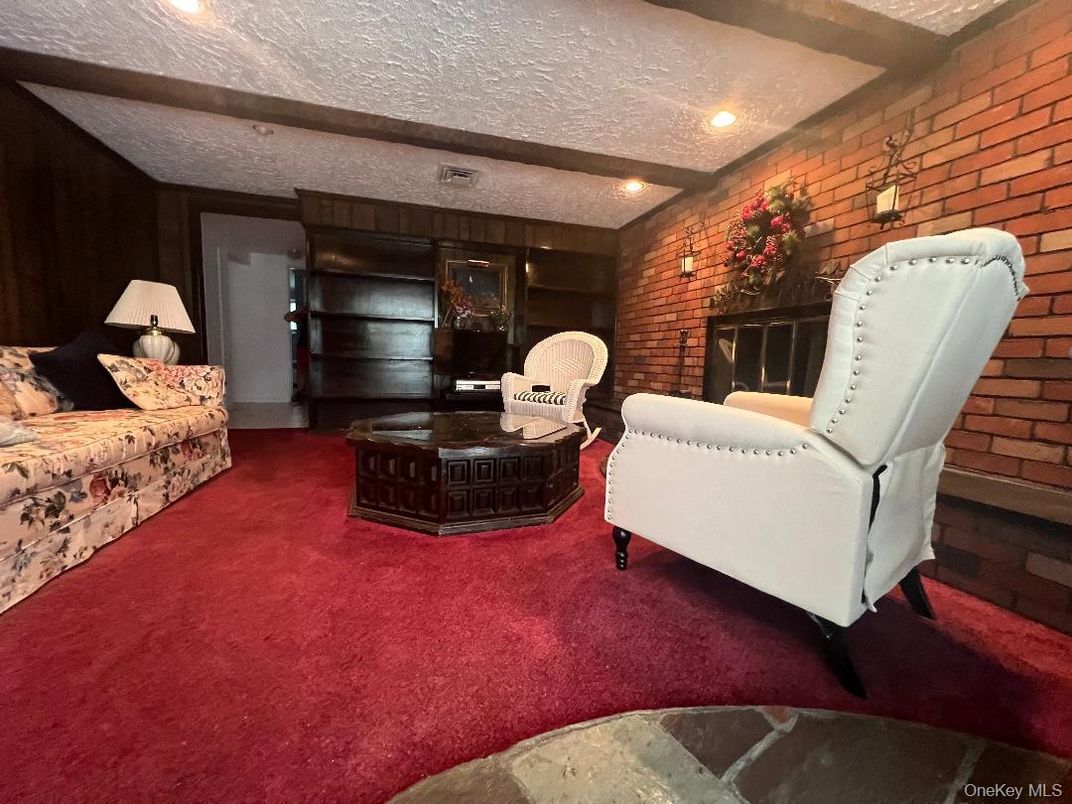 Fireplace, Interior, Living room, Recessed Lighting, Stone Walls