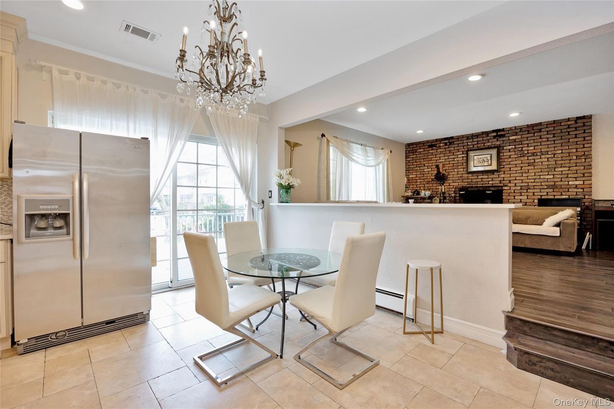 Chandelier, Dining room, Fireplace, Interior, Kitchen, Recessed Lighting, Stone Walls