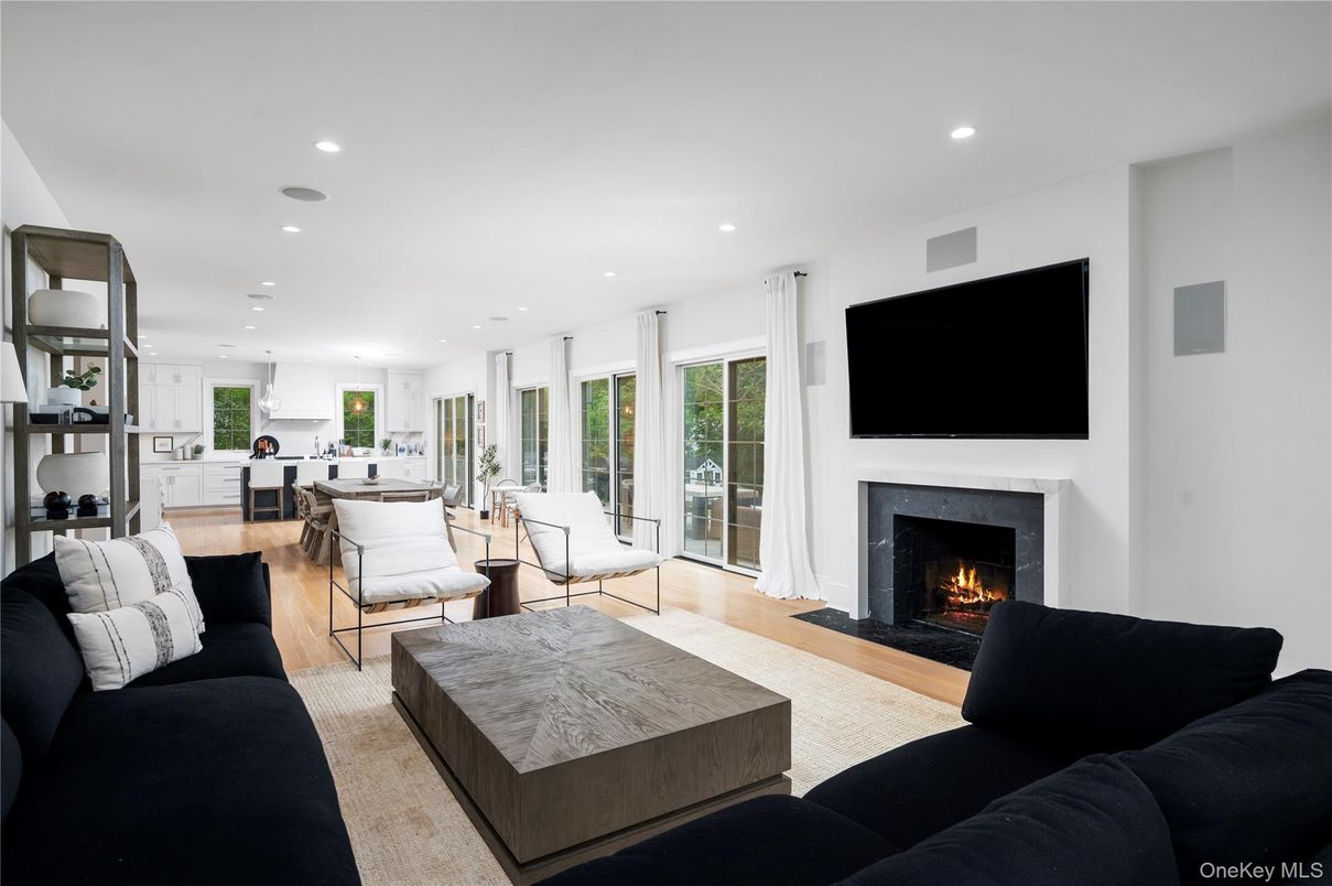 Dining room, Fireplace, Interior, Kitchen, Living room, Pendant Lights, Recessed Lighting, Wood Texture Flooring
