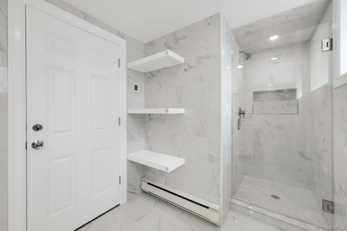 Bathroom, Glass Shower, Interior, Marble, Marble Walls, Recessed Lighting