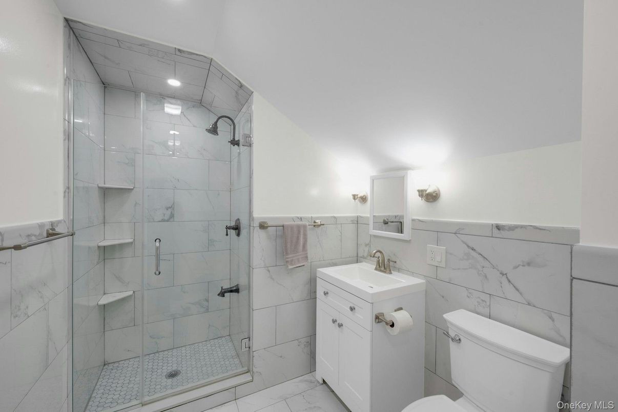 Bathroom, Glass Shower, Interior, Marble, Marble Walls, Recessed Lighting