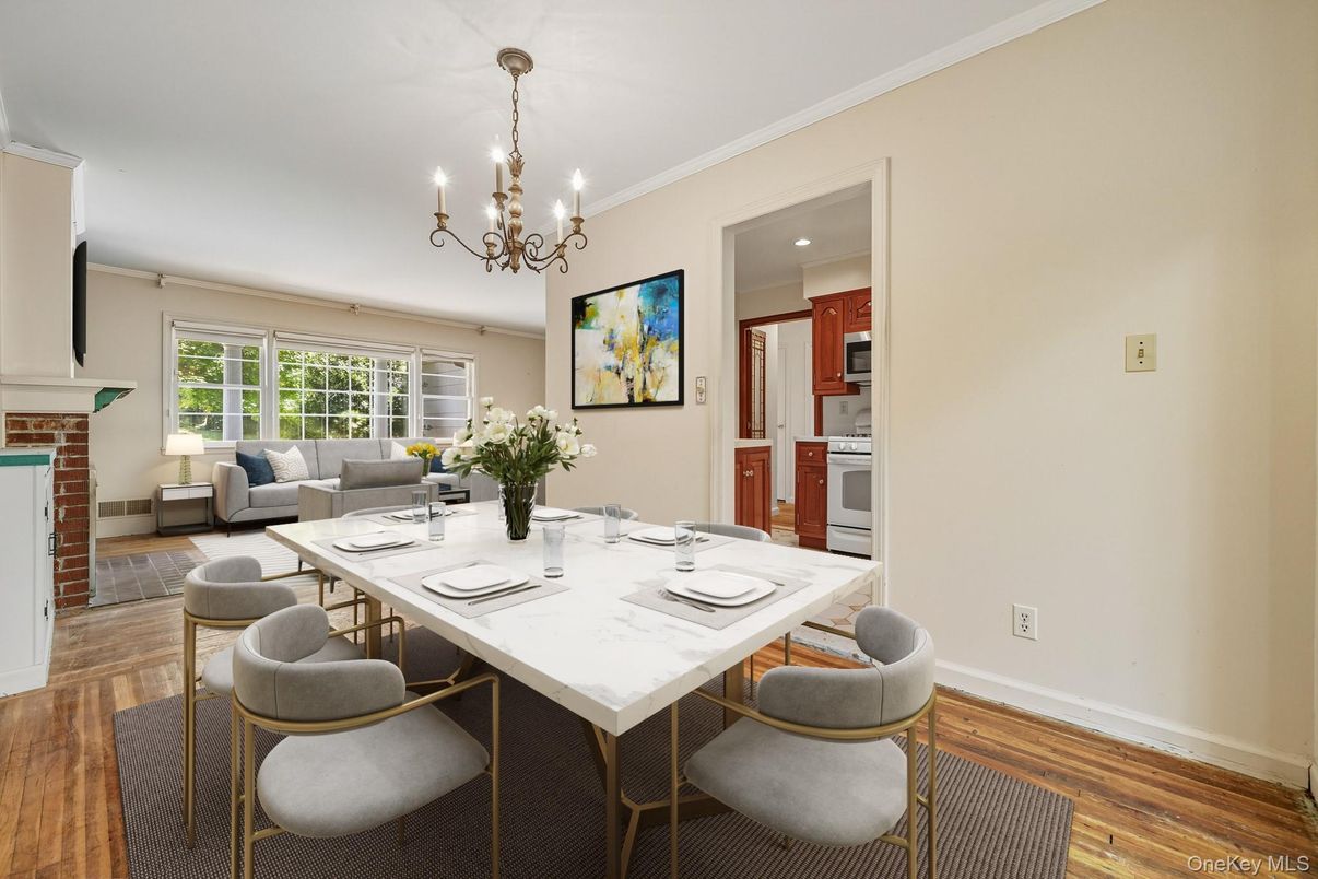 Chandelier, Dining room, Fireplace, Interior, Kitchen, Living room, Recessed Lighting, Wood Texture Flooring
