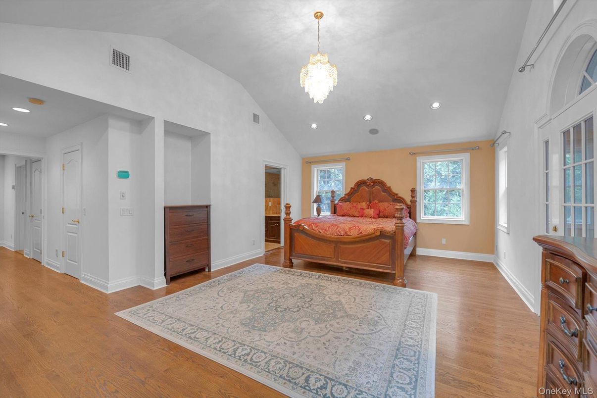 Bedroom, Chandelier, Interior, Recessed Lighting, Wood Texture Flooring