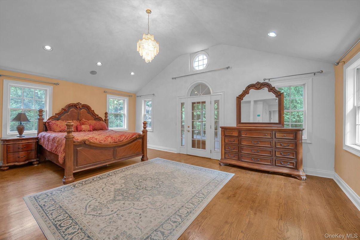 Bedroom, Chandelier, Interior, Recessed Lighting, Wood Texture Flooring